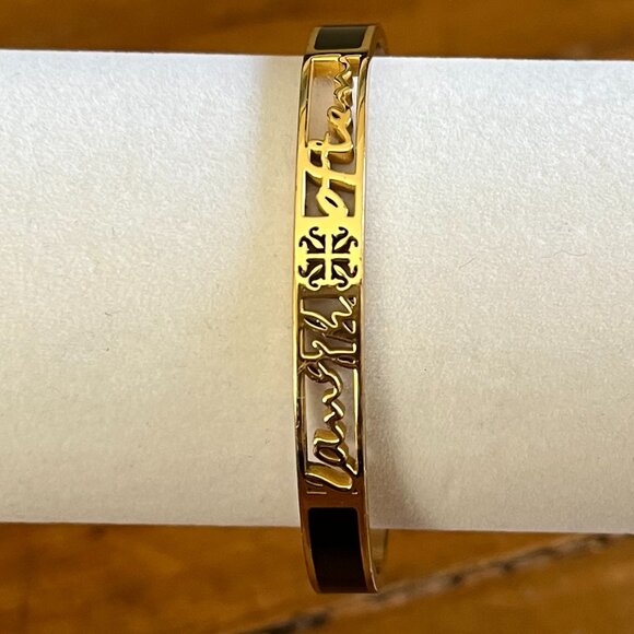 Rustic Cuff Laugh Often Enamel and Goldtone Bangle Cuff Bracelet - Picture 6 of 7